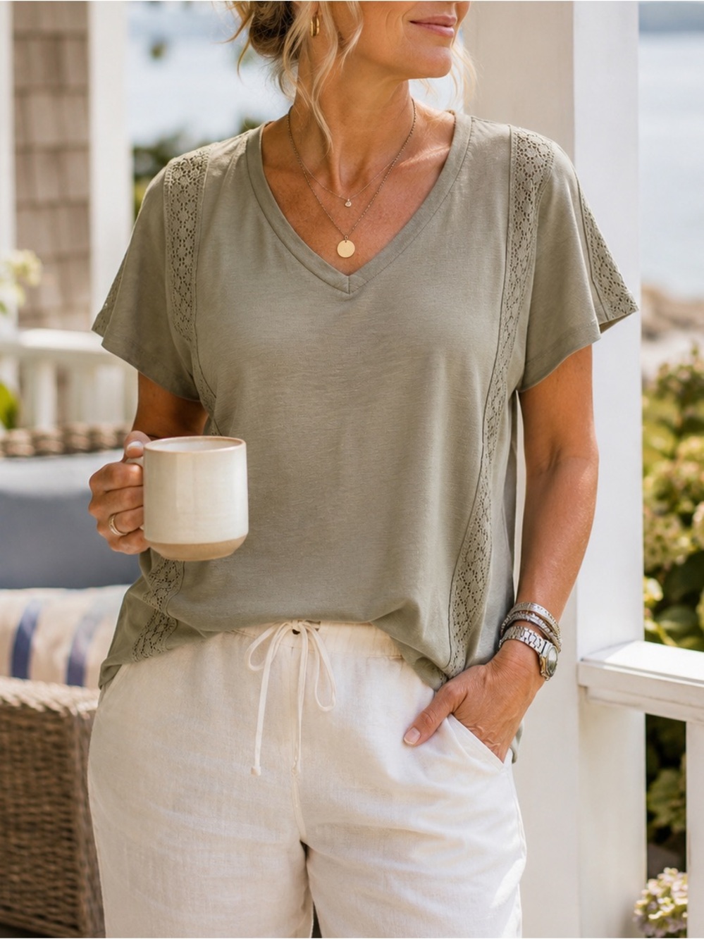 NWT Grenier Sage V Neck Lace Trim Top Size M Coastal Grandma Blouse